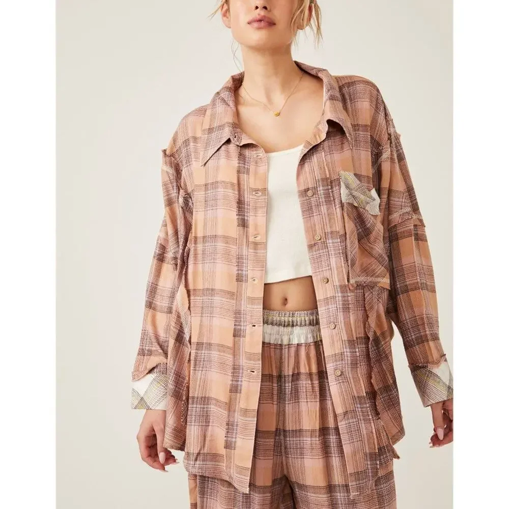 free people fallin' for flannel‎ sleep shirt tan & pink combo women size small